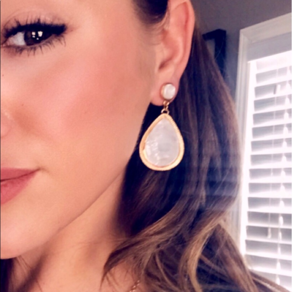 Gold & White Tortoise Acrylic Teardrop Earrings - Picture 2 of 2